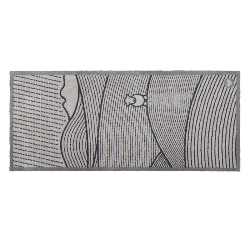 Herdy Lines Washable runner- a 100% recycled cotton runner featuring an artistic arrangement of grey and black lines forming a field, with the iconic Herdy sheep sitting peacefully within.