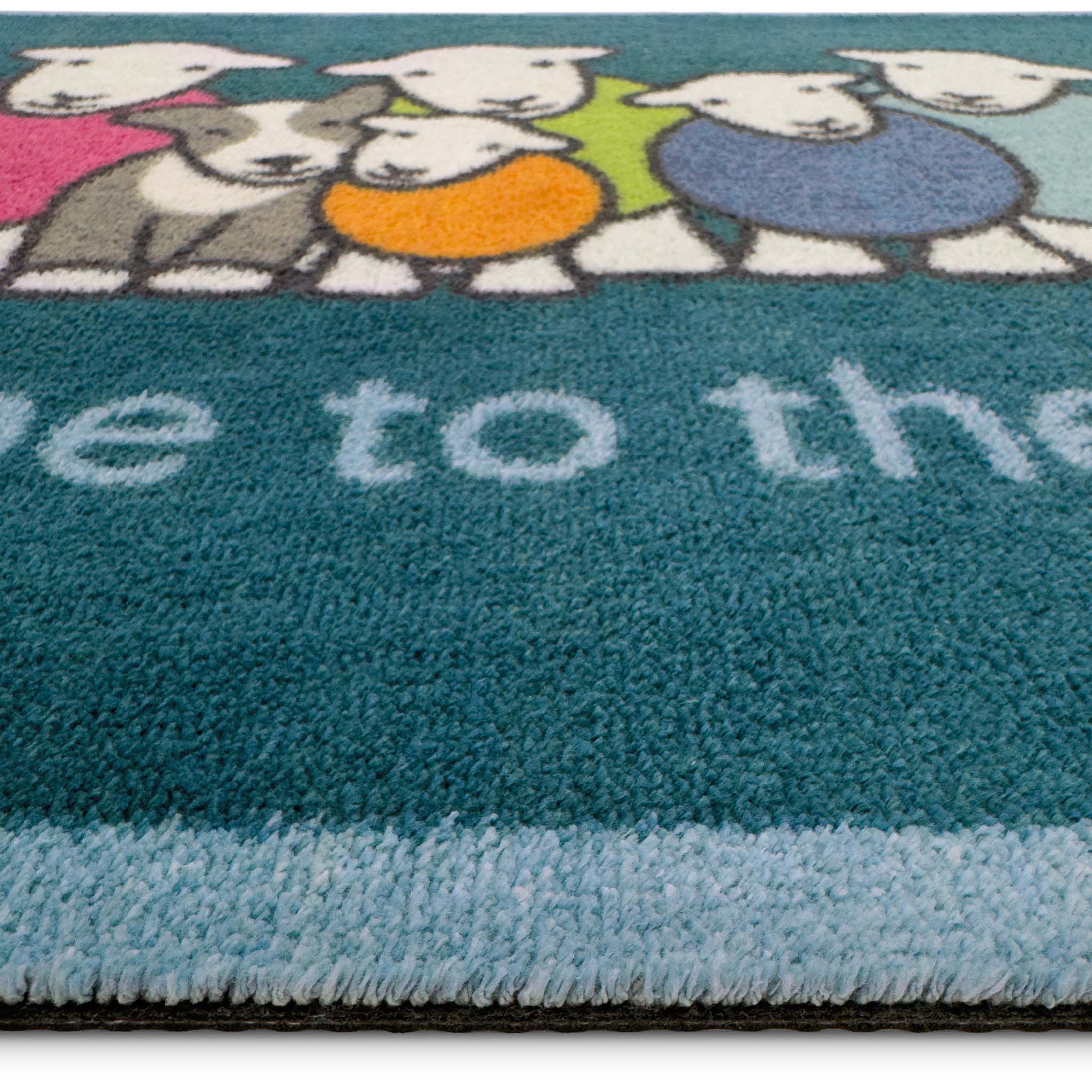 Flock Herdy Blue Washable Doormat with a fun herdy design.