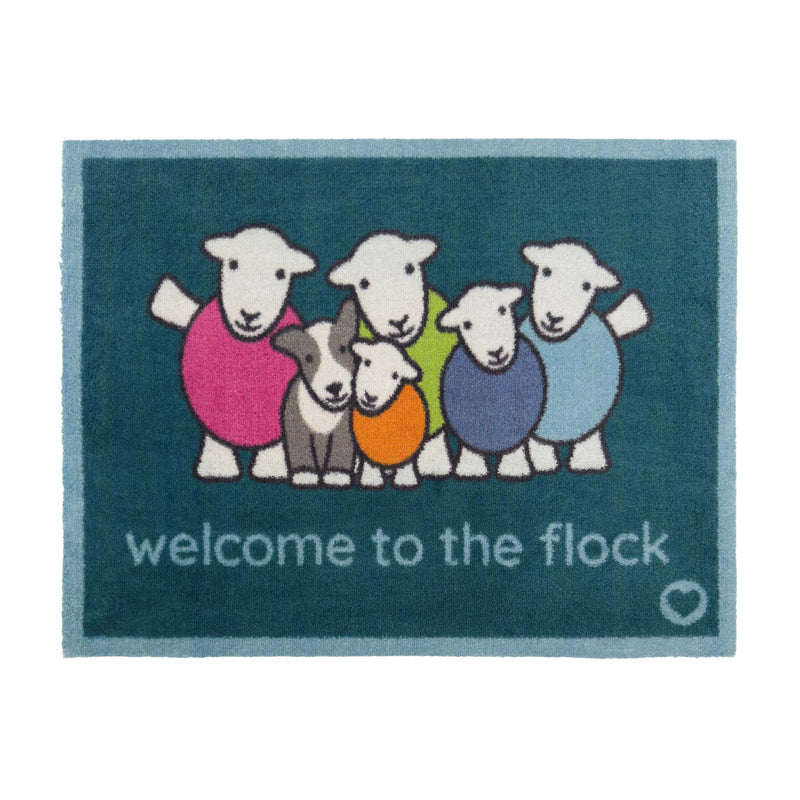 Flock Herdy Blue Washable Doormat with a fun herdy design.