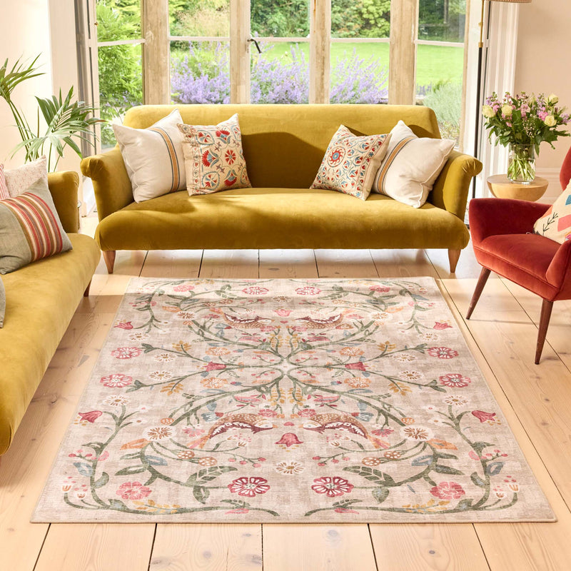 Heritage Garden Eco-Washable Rug with a nature-inspired floral design, styled in a living room.