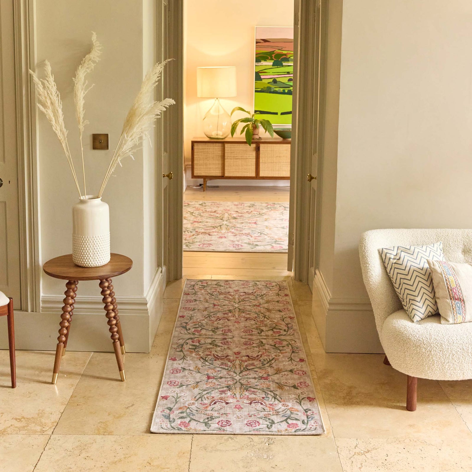Heritage Garden Eco-washable Runner with a nature-inspired floral design, styled in a entryway.