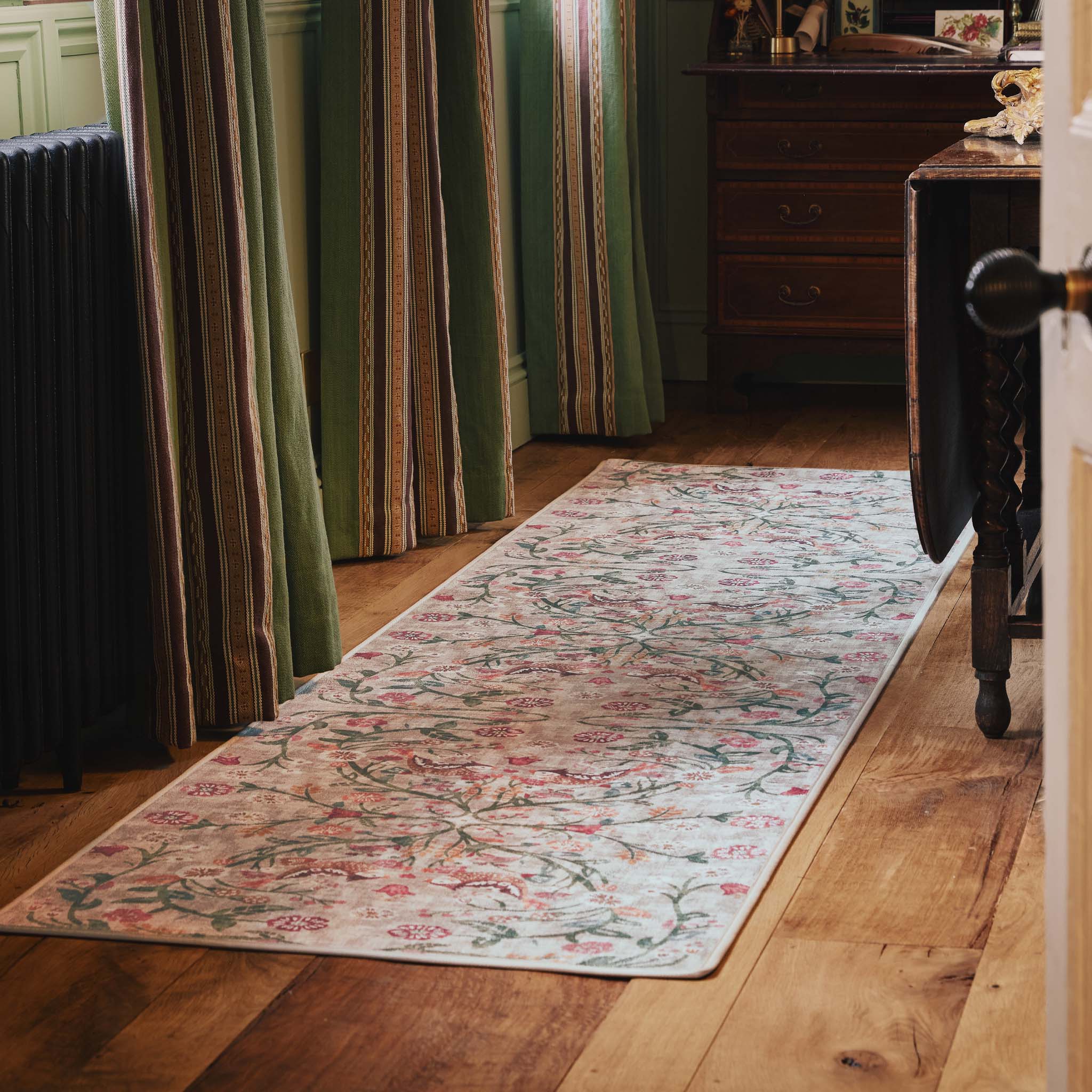 Heritage Garden Eco-Washable Runner with a nature-inspired floral design, styled on wooden flooring.