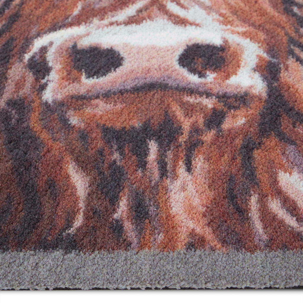 Heritage Highland Cow Washable Doormat- a cotton doormat featuring a white and brown highland cow.