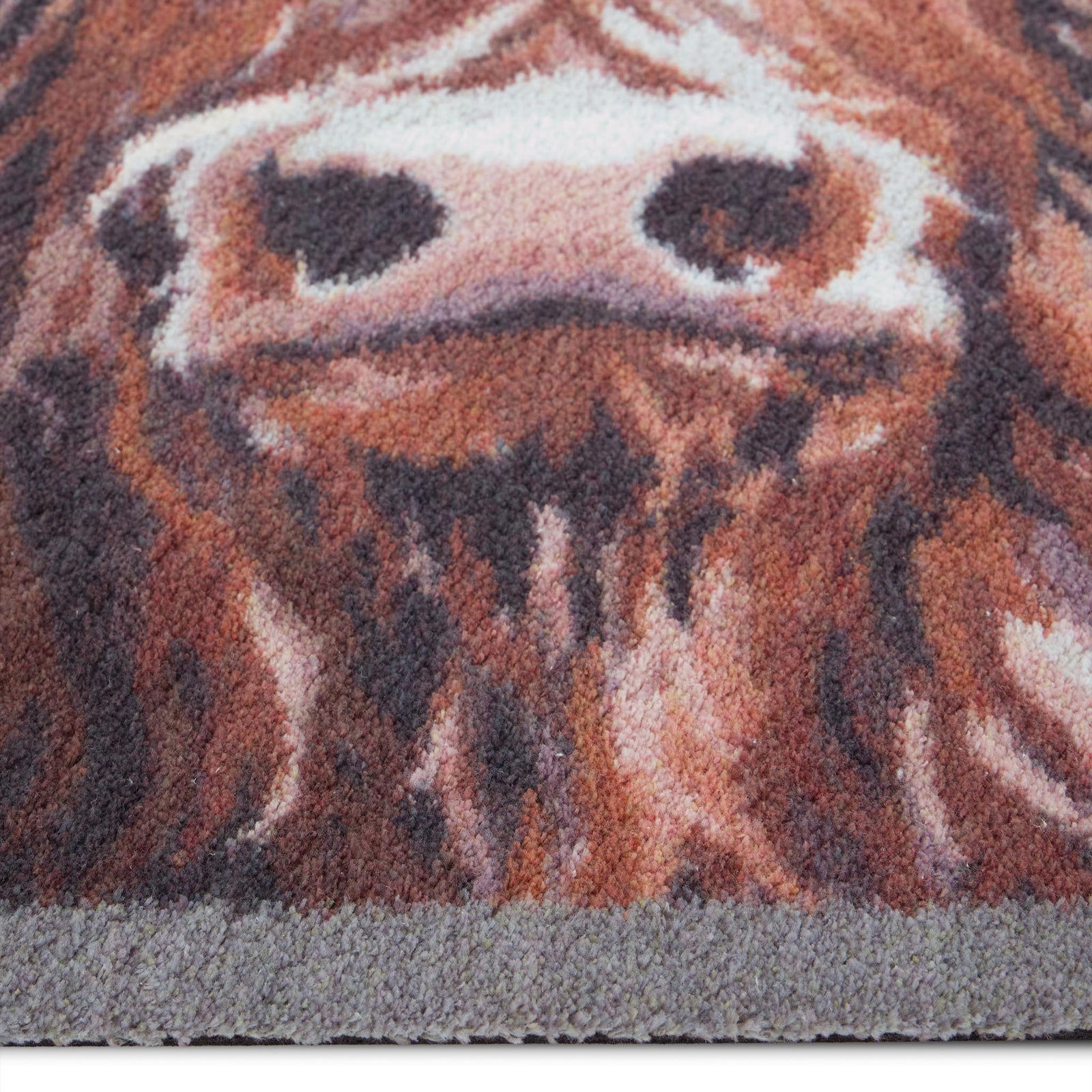 Heritage Highland Cow Washable Runner in a light grey- a 100% recycled cotton runner featuring three white and brown Highland cows.