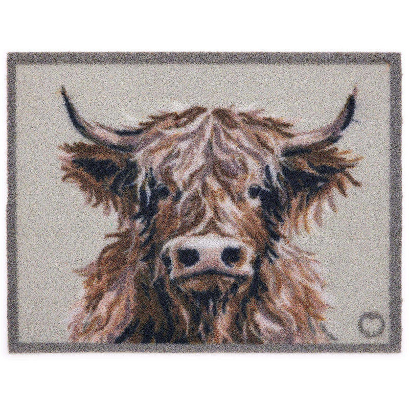 Heritage Highland Cow Grey Outdoor Doormat with a highland cow design.