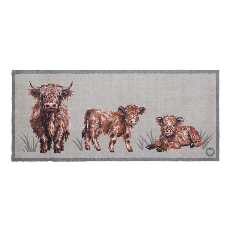 Heritage Highland Cow Washable Runner in a light grey- a 100% recycled cotton runner featuring three white and brown Highland cows.