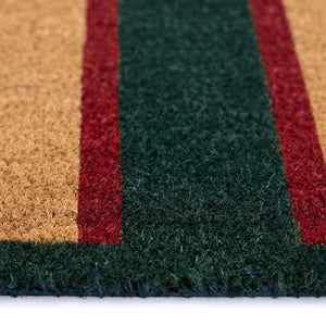 Heritage Stripe Green Coir Doormat with a red and green stripe pattern showing pile height.