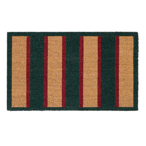 Heritage Stripe Green Coir Doormat with a red and green stripe pattern.