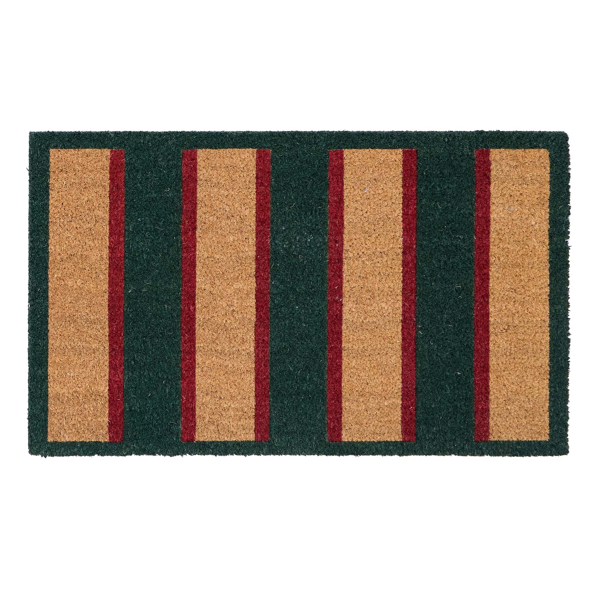Heritage Stripe Green Coir Doormat with a red and green stripe pattern.
