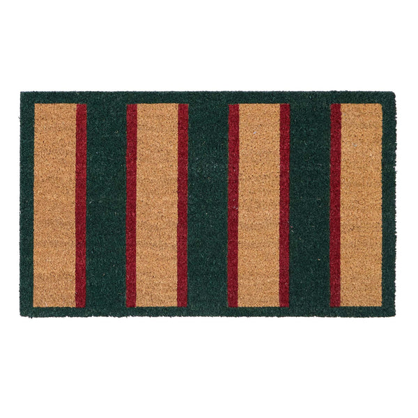 Heritage Stripe Green Coir Doormat with a red and green stripe pattern.