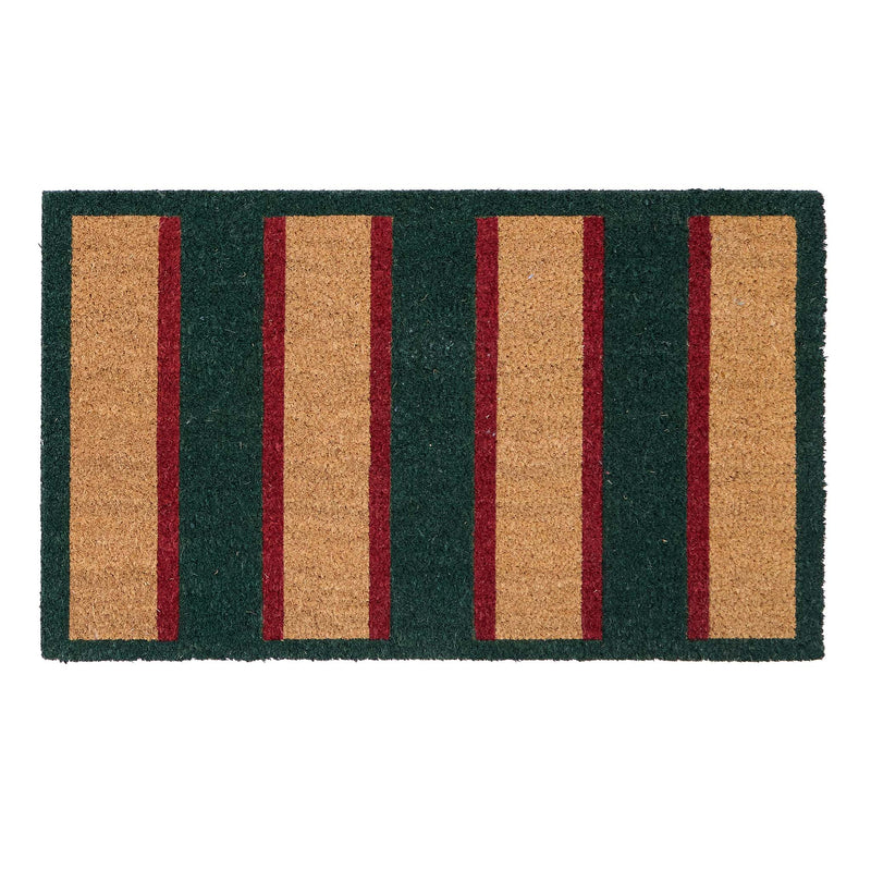 Heritage Stripe Green Coir Doormat with a red and green stripe pattern.