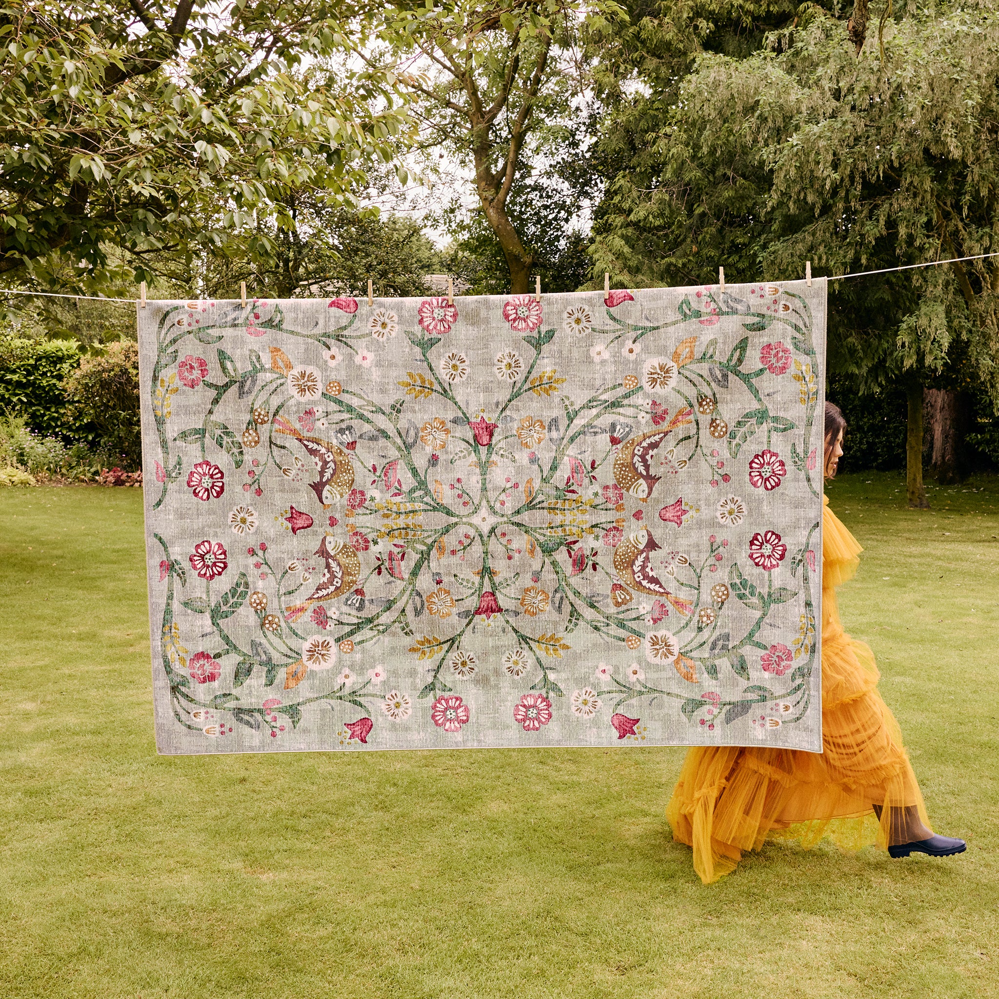 Heritage Garden Eco-Washable Rug- 100% recycled content rug featuring florals and birds.