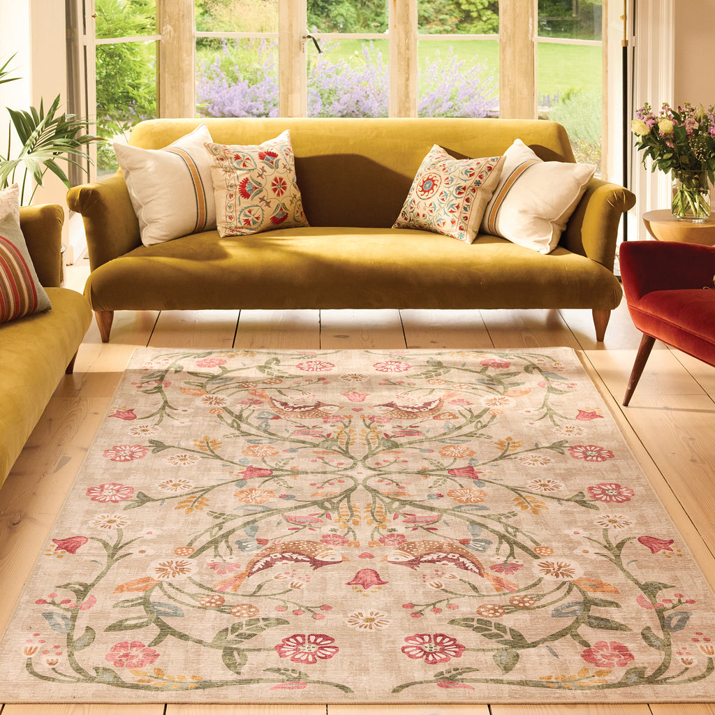Heritage Garden Eco-Washable Rug- 100% recycled content rug featuring florals and birds.