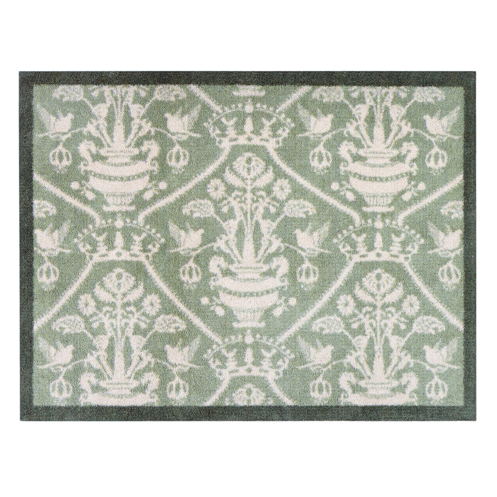 Highgrove Damask Silver Green Washable Doormat with a traditional style pattern.