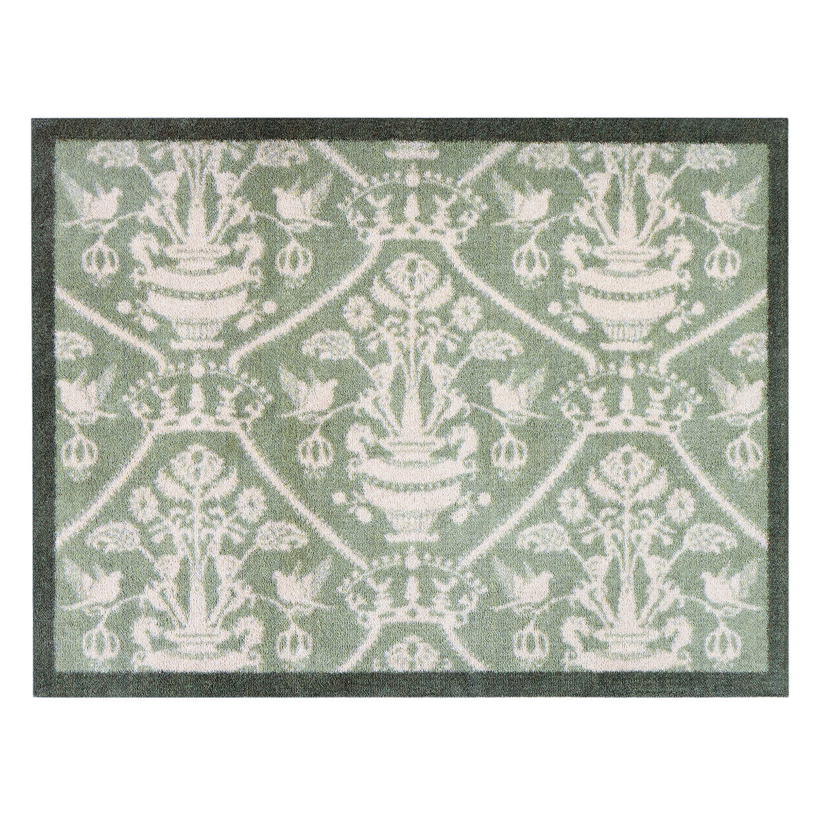 Highgrove Damask Silver Green Washable Doormat with a traditional style pattern.