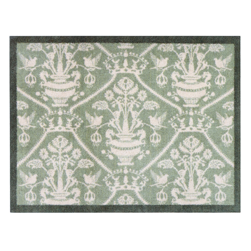 Highgrove Damask Silver Green Washable Doormat with a traditional style pattern.