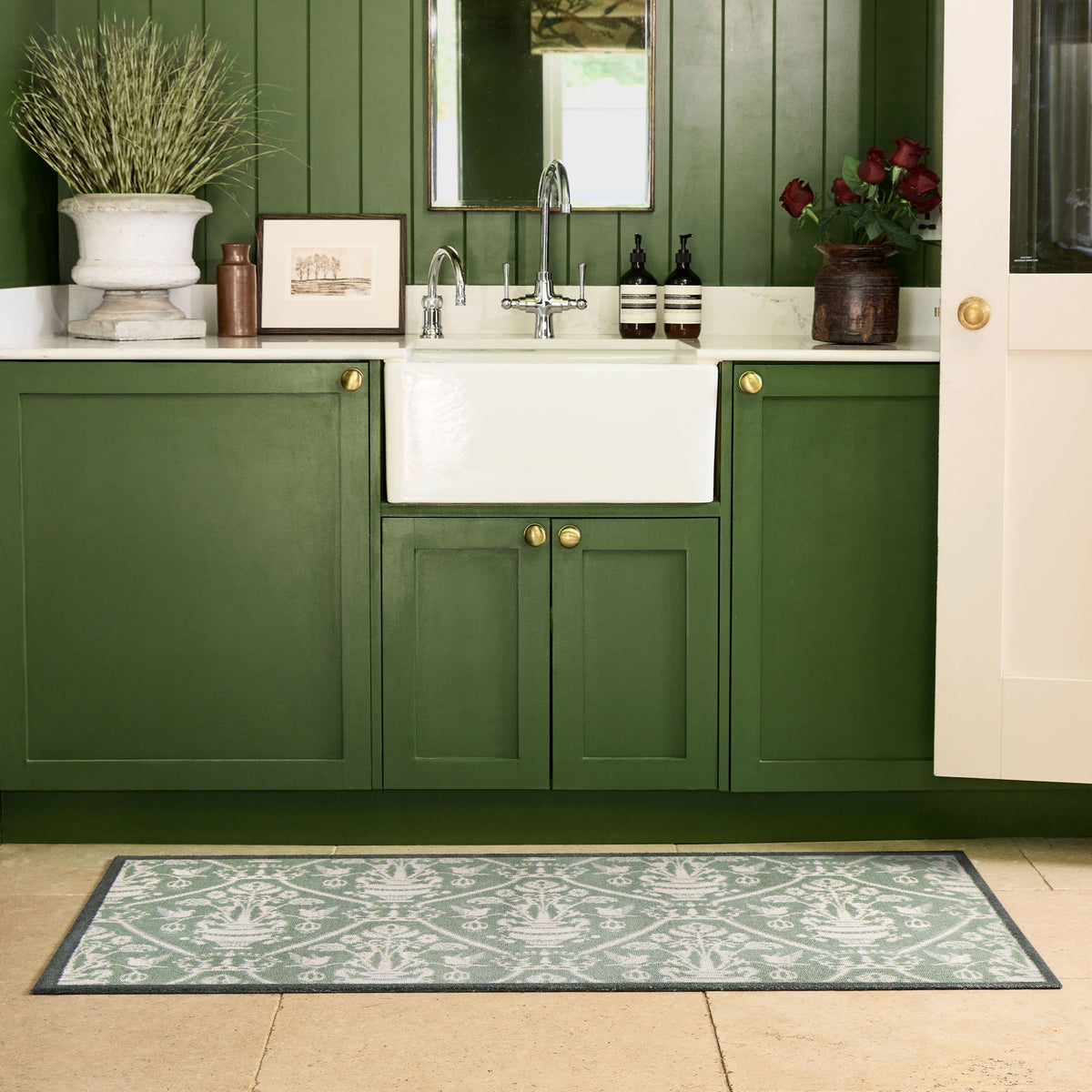 Highgrove Damask Silver Green Washable Runner with a traditional style pattern, styled by the sink.