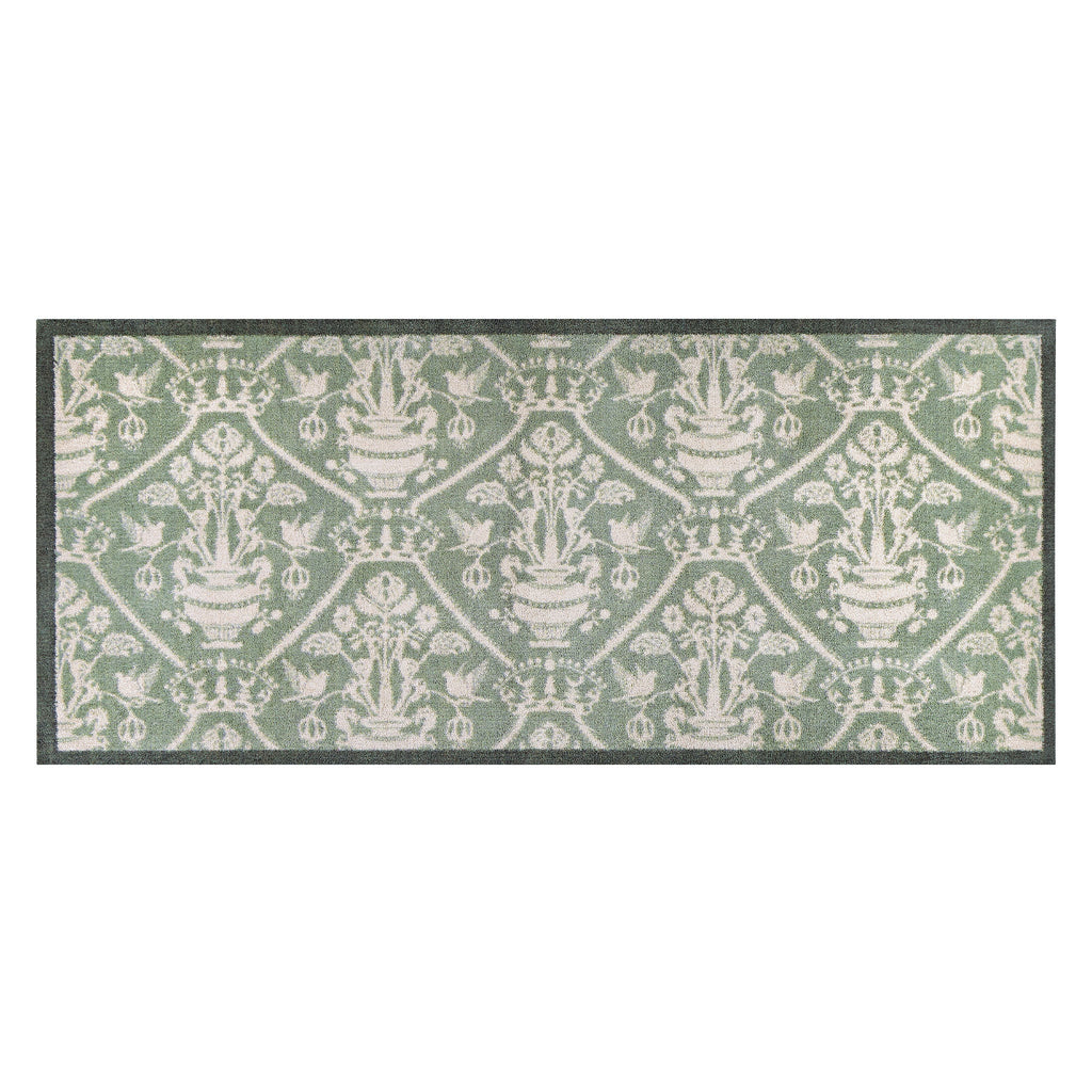 Highgrove Damask Silver Green Washable Runner with a traditional style pattern.