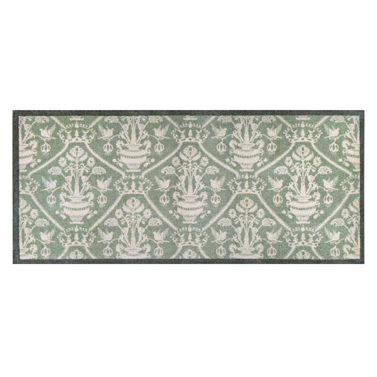 Highgrove Damask Silver Green Washable Runner with a traditional style pattern.