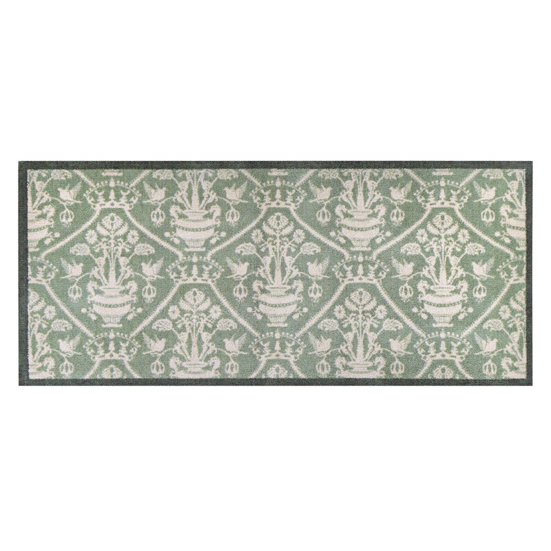 Highgrove Damask Silver Green Washable Runner with a traditional style pattern.