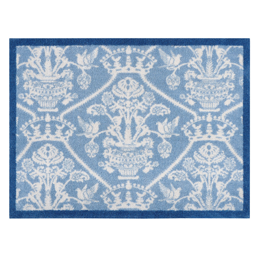 Highgrove Damask Tetbury Blue Washable Doormat with a blue traditional style pattern. 