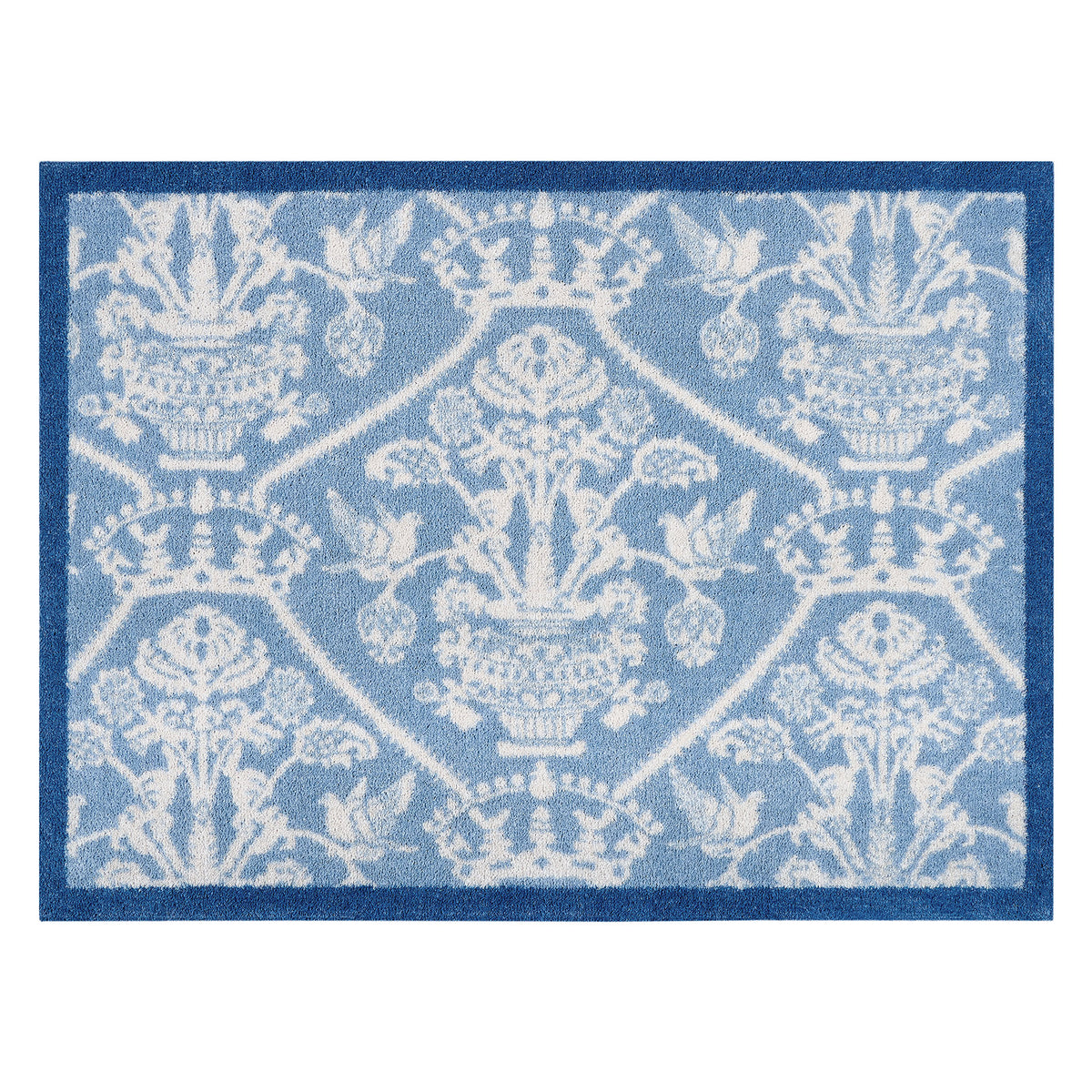 Highgrove Damask Tetbury Blue Washable Doormat with a blue traditional style pattern. 
