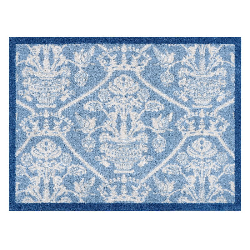 Highgrove Damask Tetbury Blue Washable Doormat with a blue traditional style pattern. 