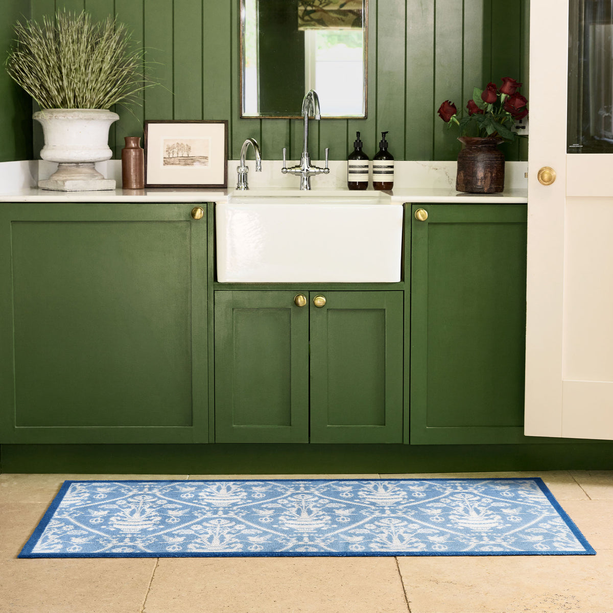 Highgrove Damask Tetbury Blue Washable Runner with a blue traditional style pattern, styled by a sink.