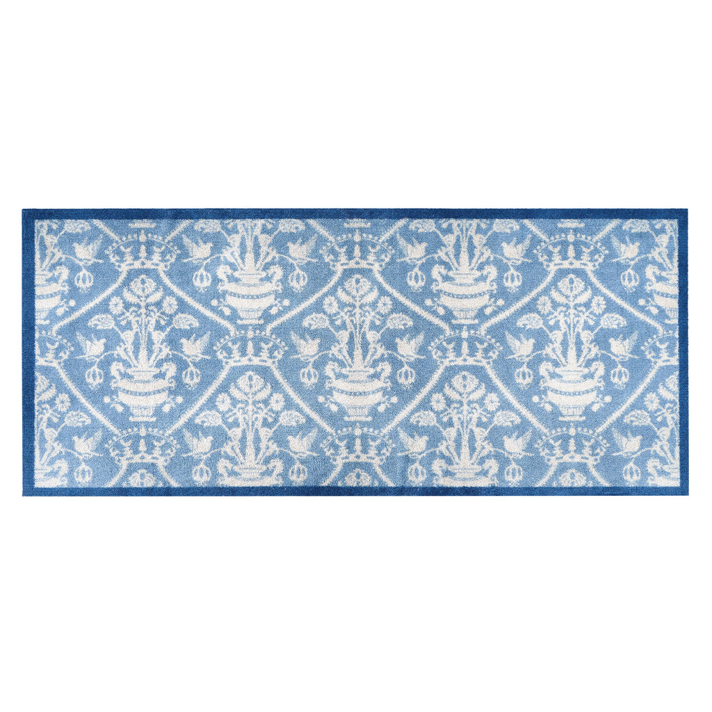 Highgrove Damask Tetbury Blue Washable Runner with a blue heritage styled pattern.