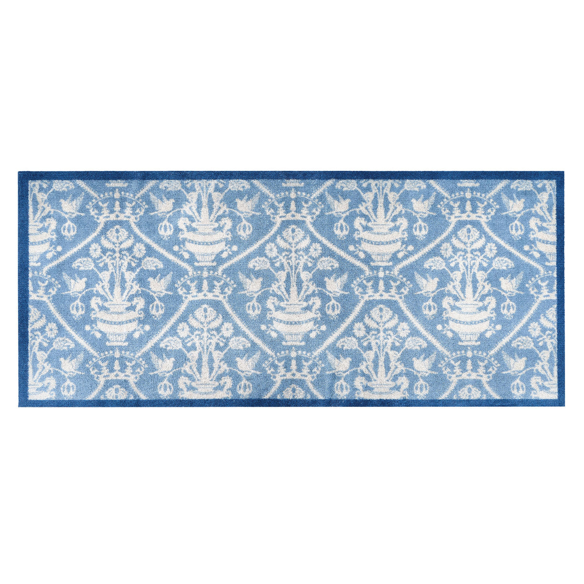 Highgrove Damask Tetbury Blue Washable Runner with a blue heritage styled pattern.