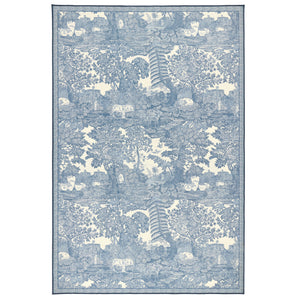 The Highgrove Toile Tetbury Blue Eco-Washable Rug with a blue and white nature inspired pattern. 