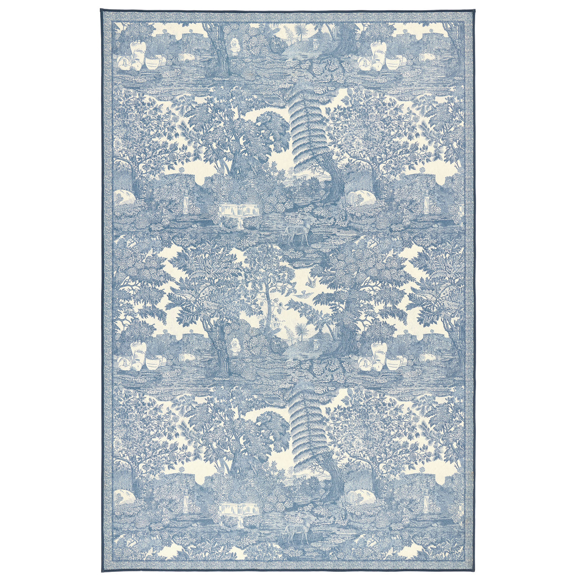 The Highgrove Toile Tetbury Blue Eco-Washable Rug with a blue and white nature inspired pattern. 