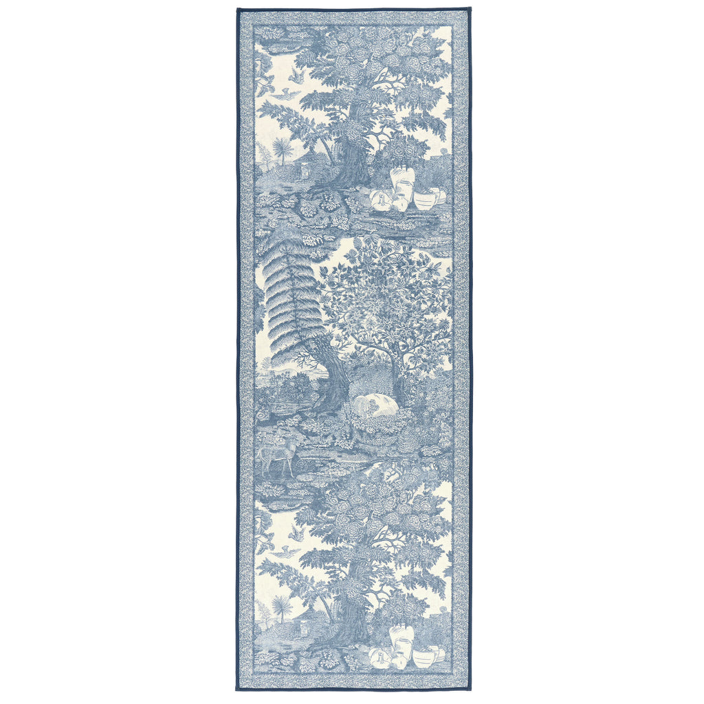 Highgrove Toile Tetbury Blue Eco-Washable Runner with a blue and white nature inspired design.