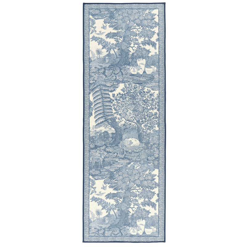 Highgrove Toile Tetbury Blue Eco-Washable Runner with a blue and white nature inspired design.