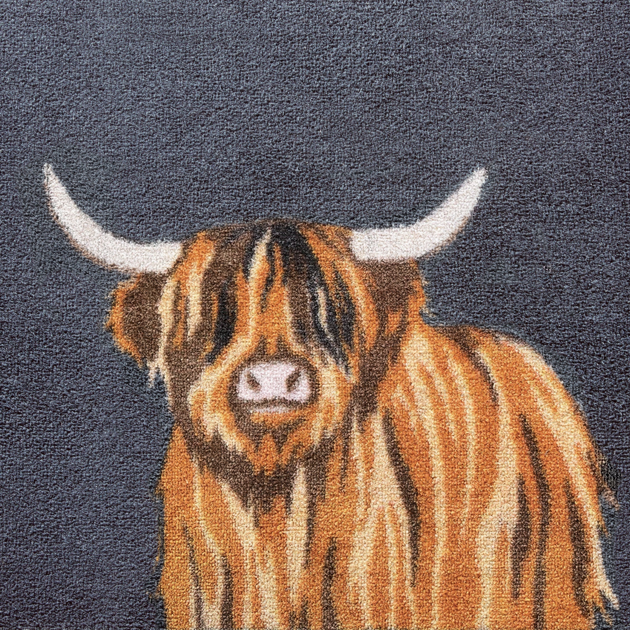 Highland Cow 1 Washable Runner in Blue- a 100% recycled cotton runner featuring a two hand-drawn brown Highland cows.