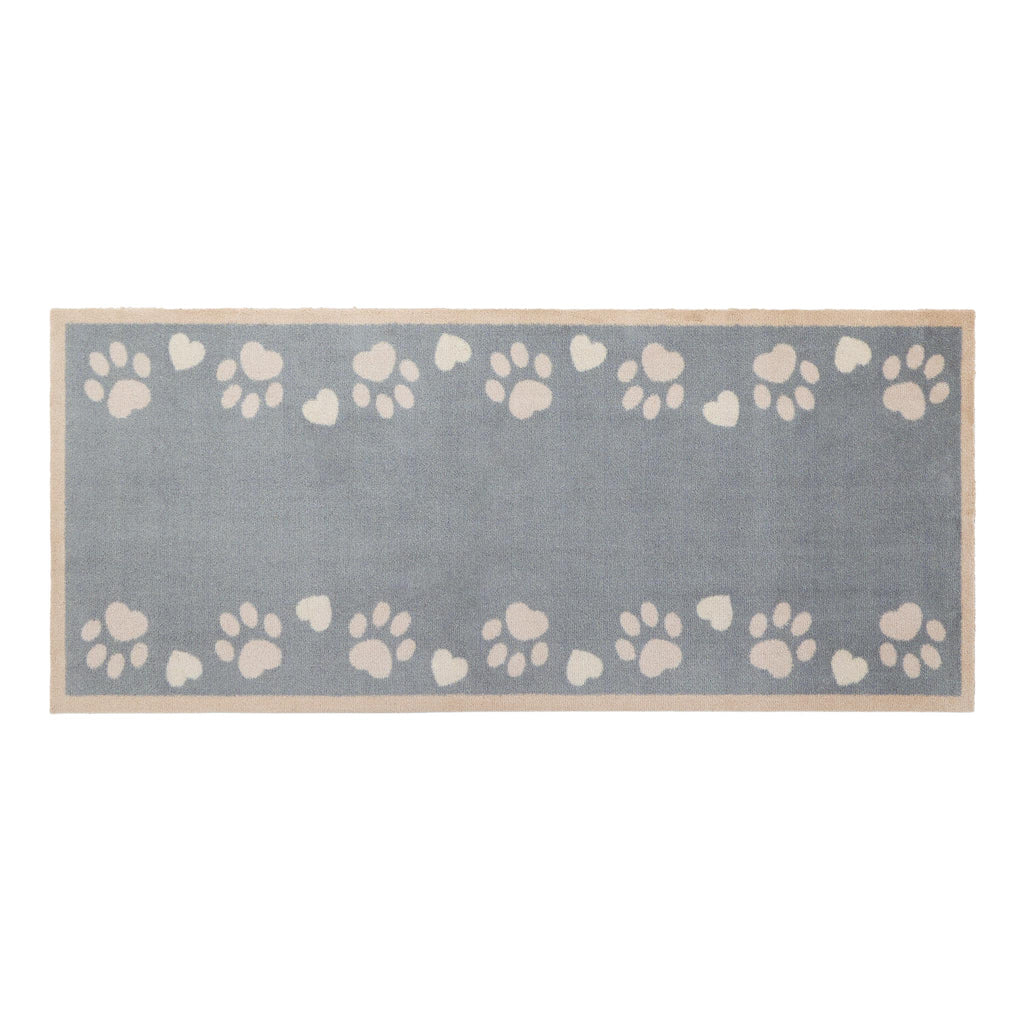 Home Paws Blue Runner- a cotton runner with a light blue background with white paw prints and love hearts. 