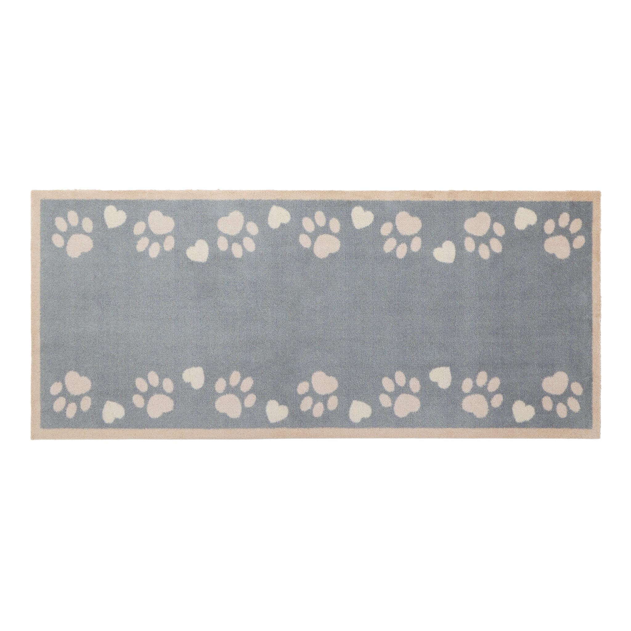 Home Paws Blue Runner- a cotton runner with a light blue background with white paw prints and love hearts. 