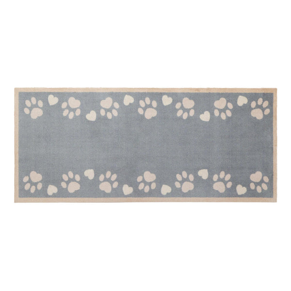 Home Paws Blue Washable Runner in blue- a 100% recycled cotton runner featuring paw prints and a love heart border along the long side of the runner. 