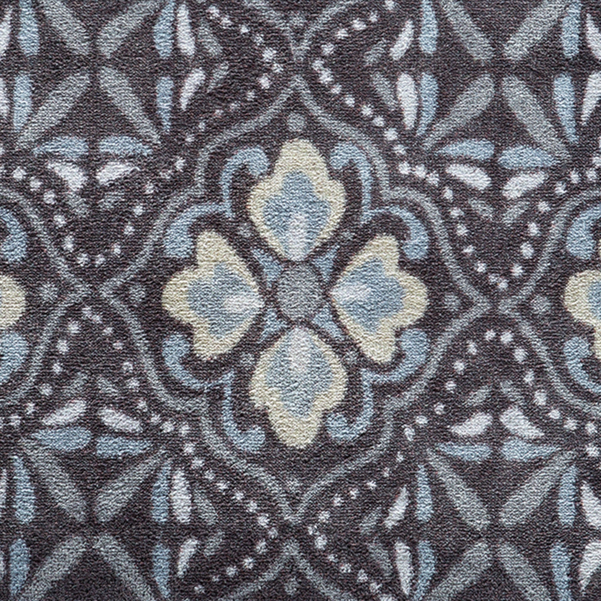 Home 45 Washable Runner- a 100% recycled cotton runner featuring a heritage-inspired floral pattern in shades of light blue, cream, and white.