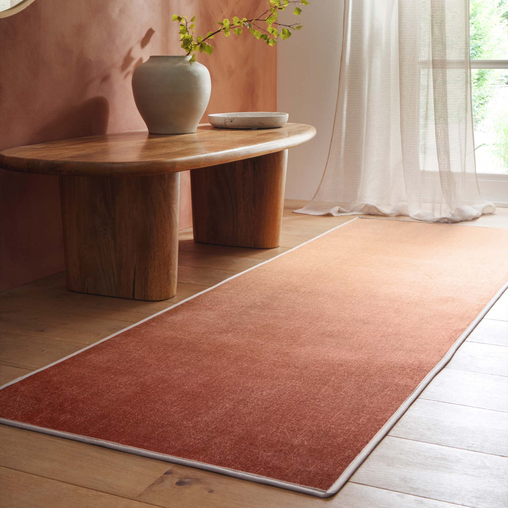 Horizon Ombre Coral Eco-Washable Runner- a 100% recycled material runner featuring an ombre design in red\orange.