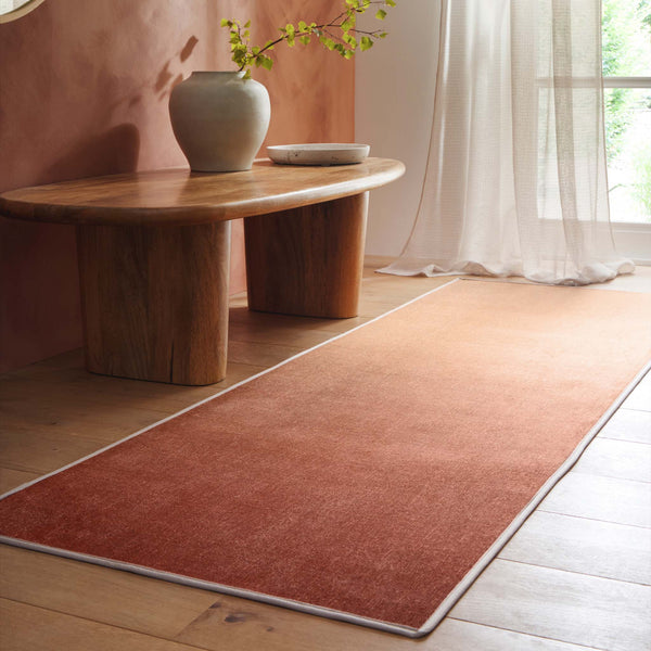 Horizon Ombre Coral Eco-Washable Runner- a 100% recycled material runner featuring an ombre design in red\orange.
