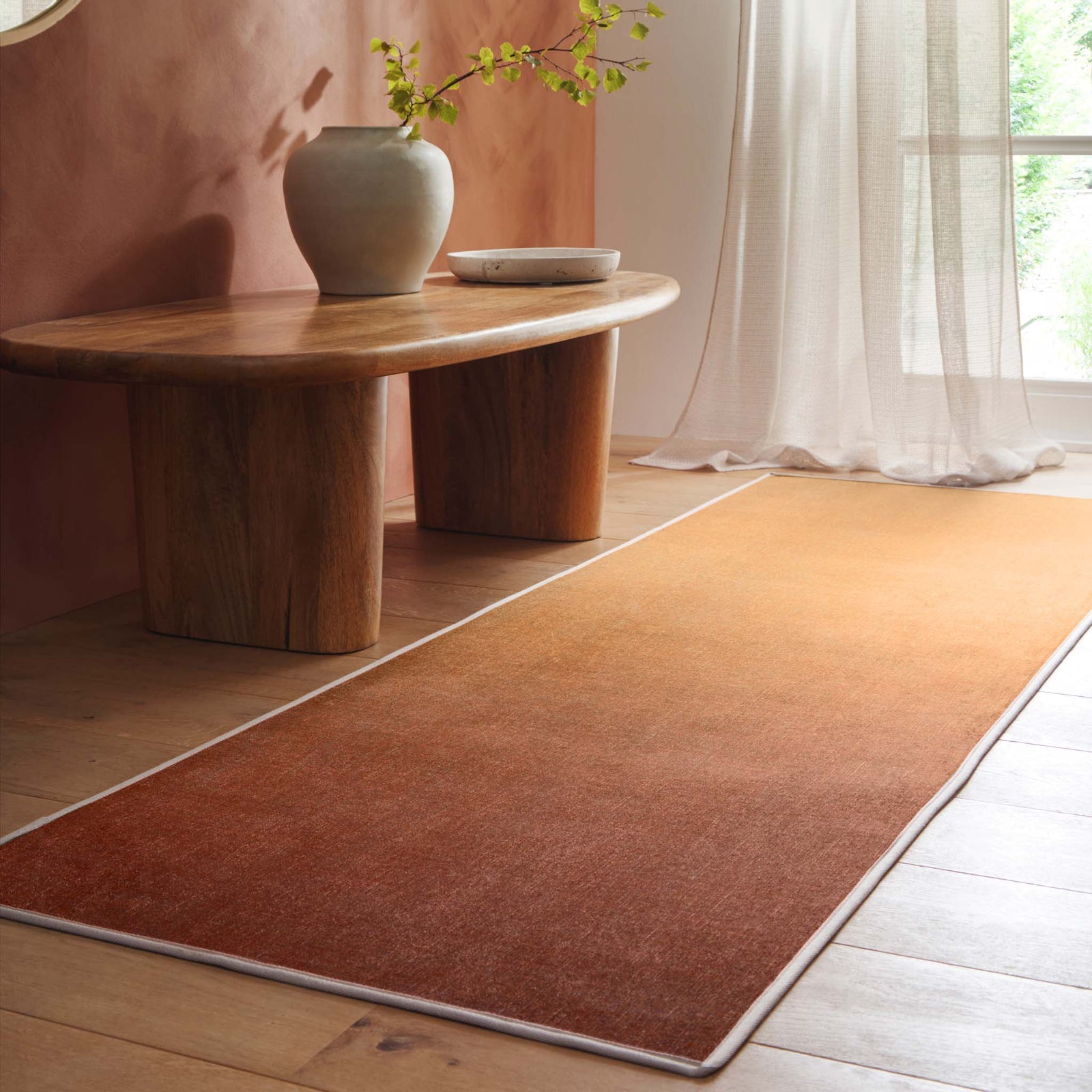 Horizon Coral Ombre Eco-Washable Runner - a 100% recycled material runner featuring a red and orange ombre effect.