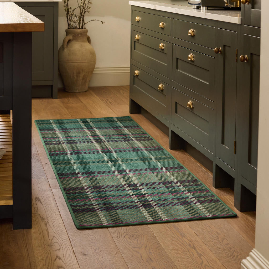 Isla Plaid Emerald Green Eco-Washable runner- a tartan runner in various shades of green.