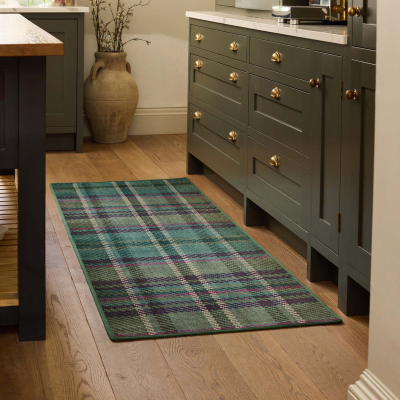 Isla Plaid Emerald Green Eco-Washbale Runner - a 100% recycled material runner featuring a green tartan plaid design.