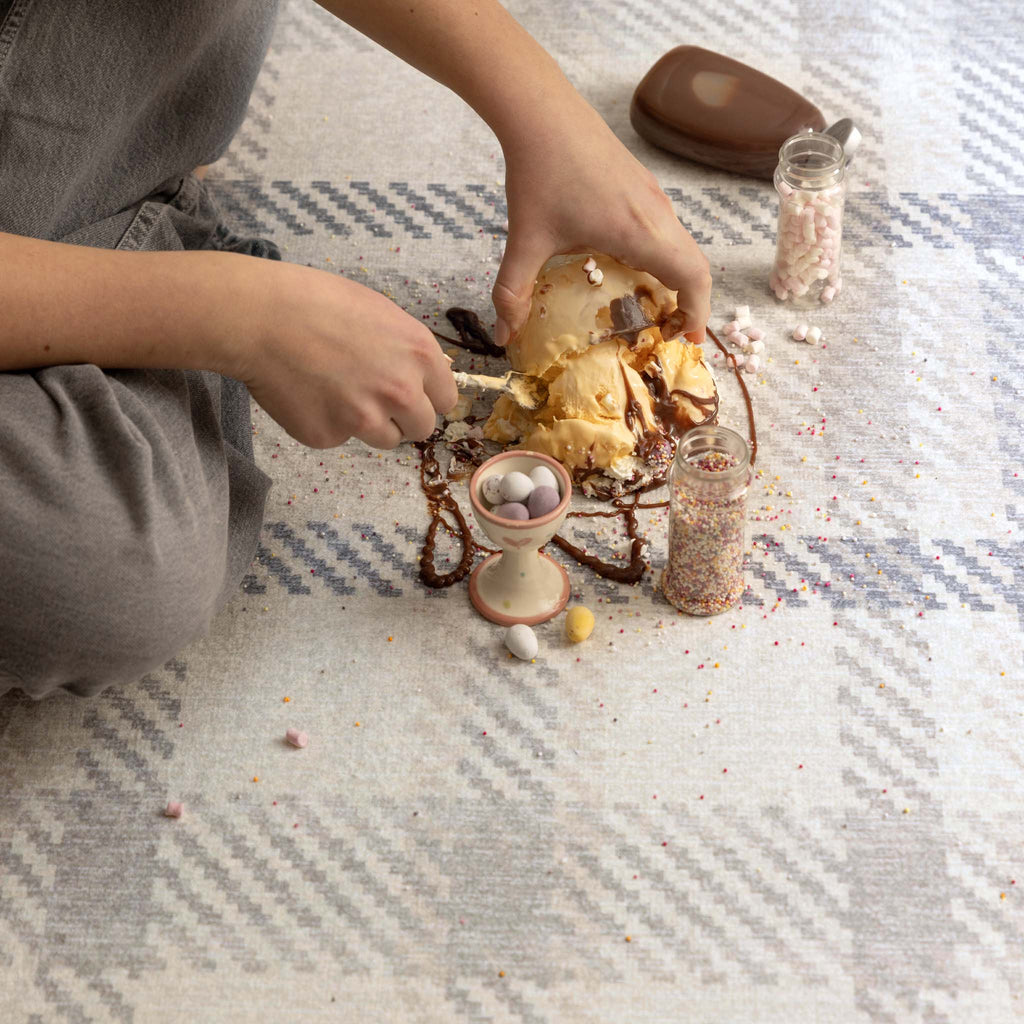 Isla Plaid Neutral Eco-Washable Rug- 100% recycled content rug featuring tartan pattern.