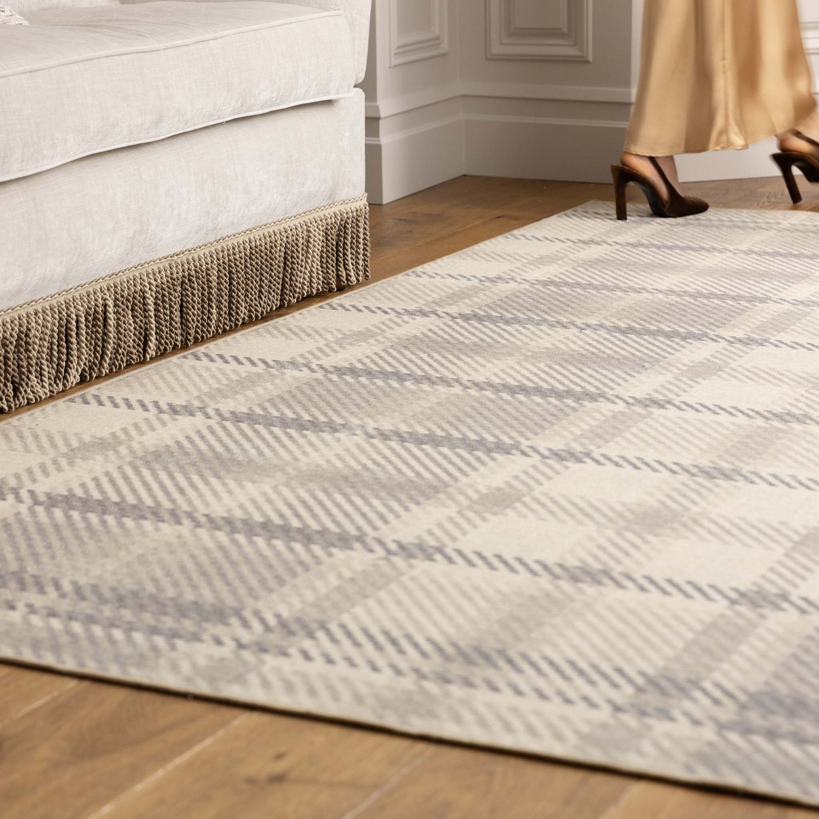 Isla Plaid Neutral Eco-Washable Rug- 100% recycled content rug featuring tartan pattern.