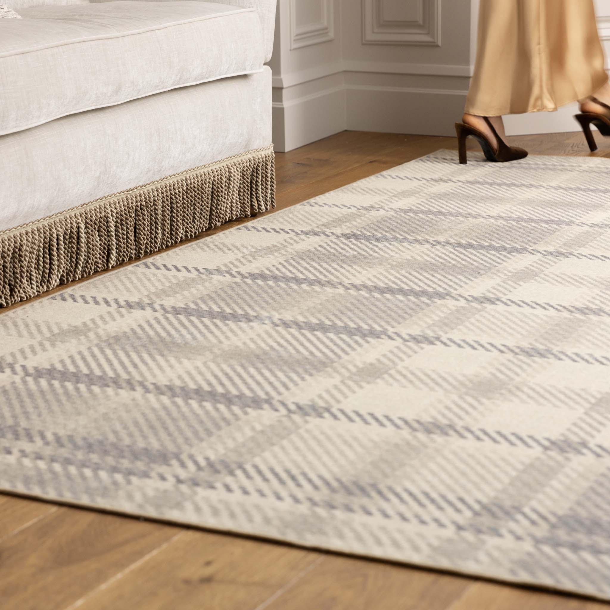 Isla Plaid Neutral Eco-Washable Rug- 100% recycled content rug featuring tartan pattern.