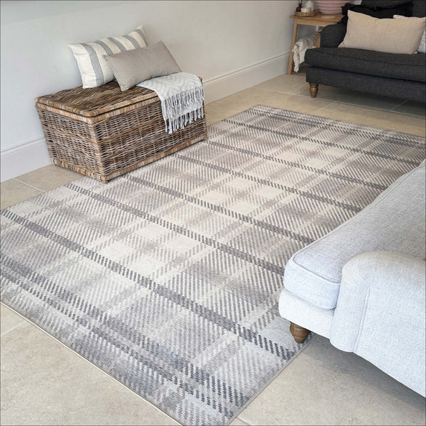 Isla Plaid Neutral Eco-Washable Rug- 100% recycled content rug featuring tartan pattern.
