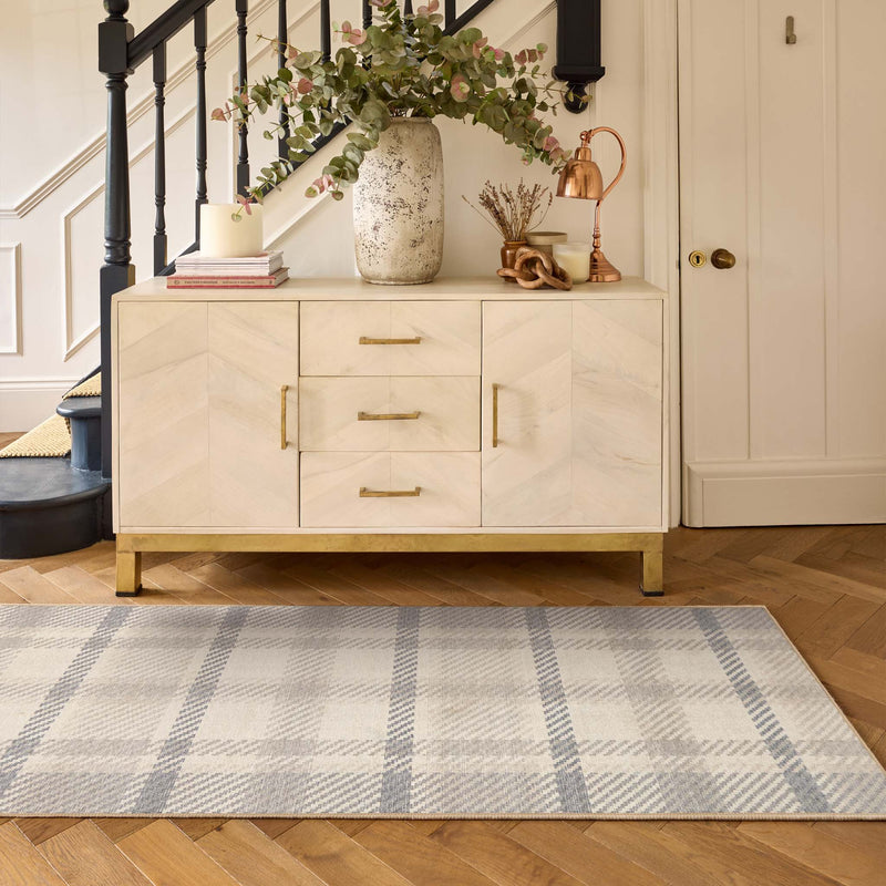 Isla Plaid Neutral Eco-Washable Rug Runner- 100% recycled content runner featuring a neutral tartan pattern.