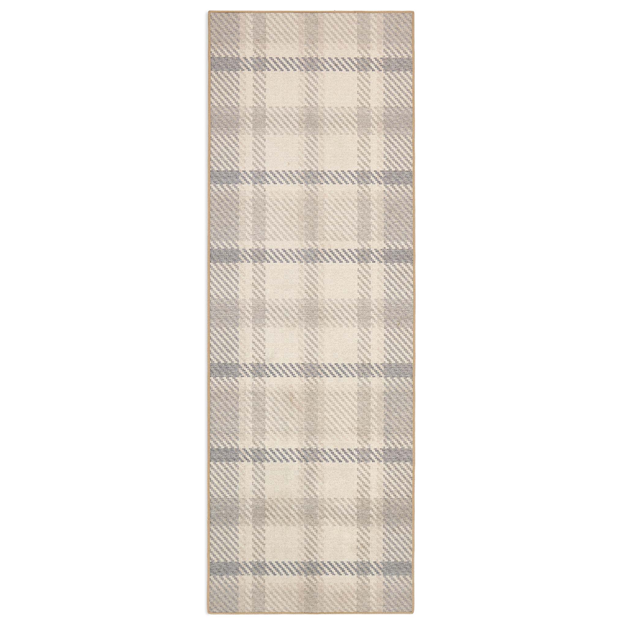 Isla Plaid Neutral Eco-Washable Rug Runner- 100% recycled content runner featuring a neutral tartan pattern.